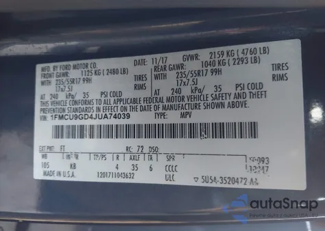 2018 Ford Escape Se from USA, damaged, VIN 1FMCU9GD4JUA74039